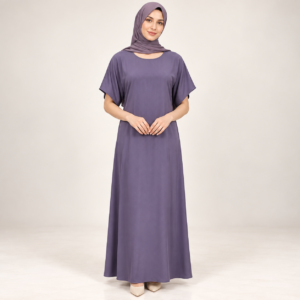 Slate Purple Satin-Finish Abaya Set with Lace-Trimmed Front and Inner Dress