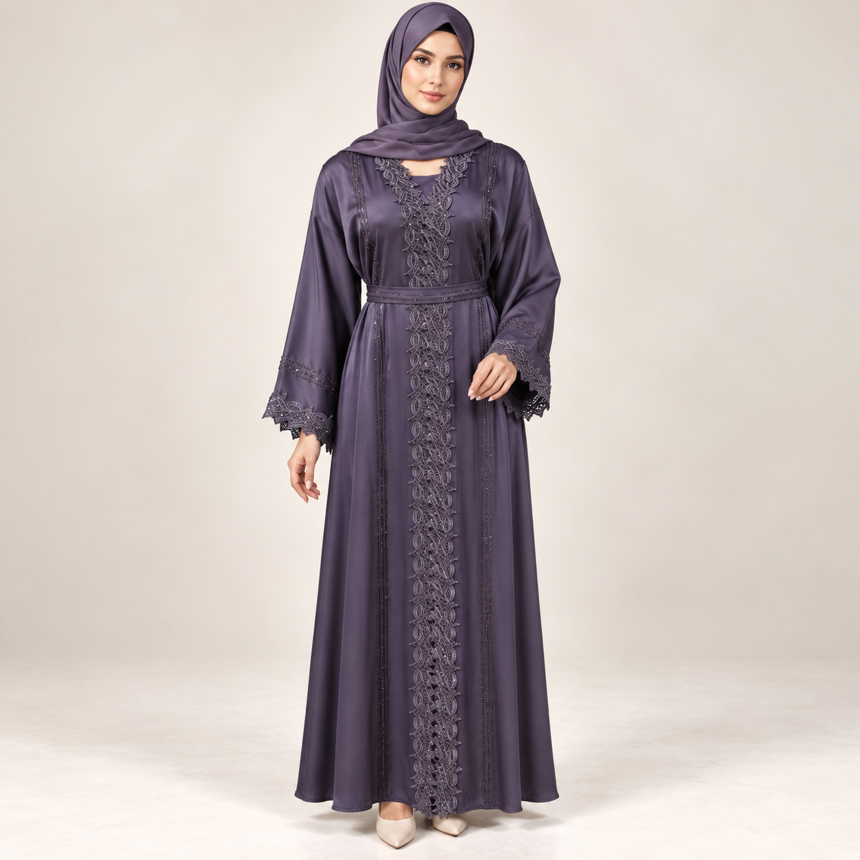 Slate Purple Satin-Finish Abaya Set with Lace-Trimmed Front and Inner Dress — view 2 of 5