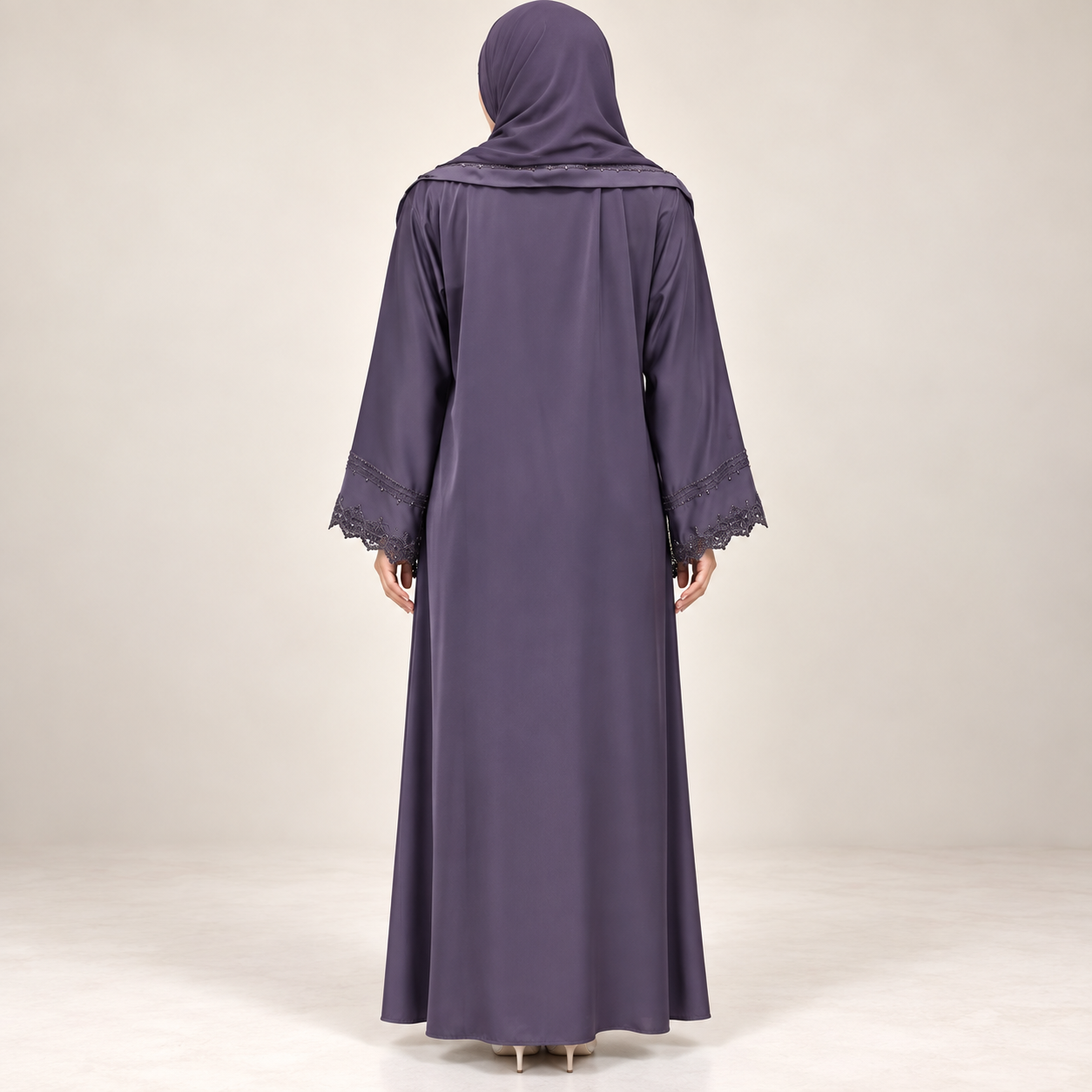 Slate Purple Satin-Finish Abaya Set with Lace-Trimmed Front and Inner Dress — view 3 of 5