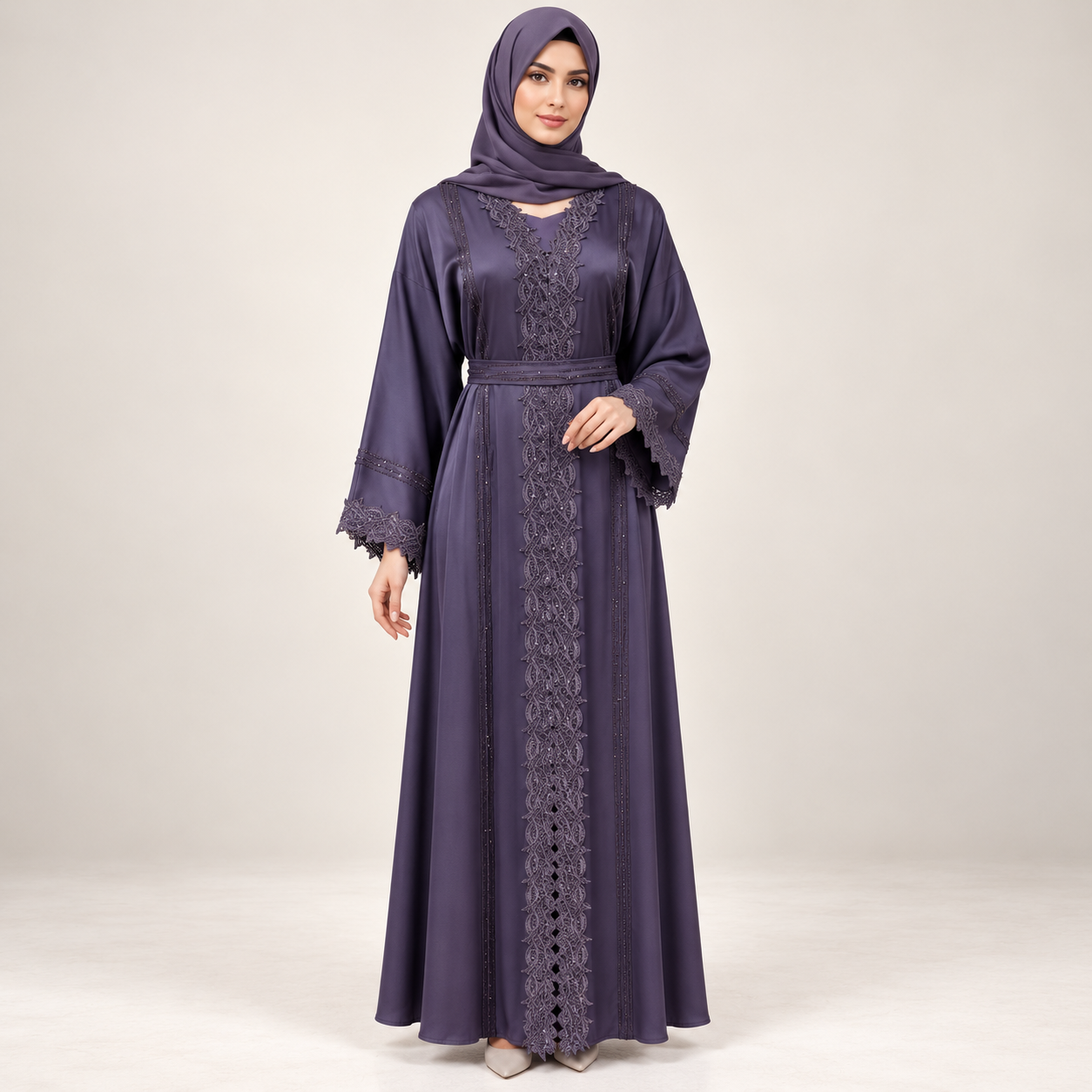 Slate Purple Satin-Finish Abaya Set with Lace-Trimmed Front and Inner Dress — view 4 of 5