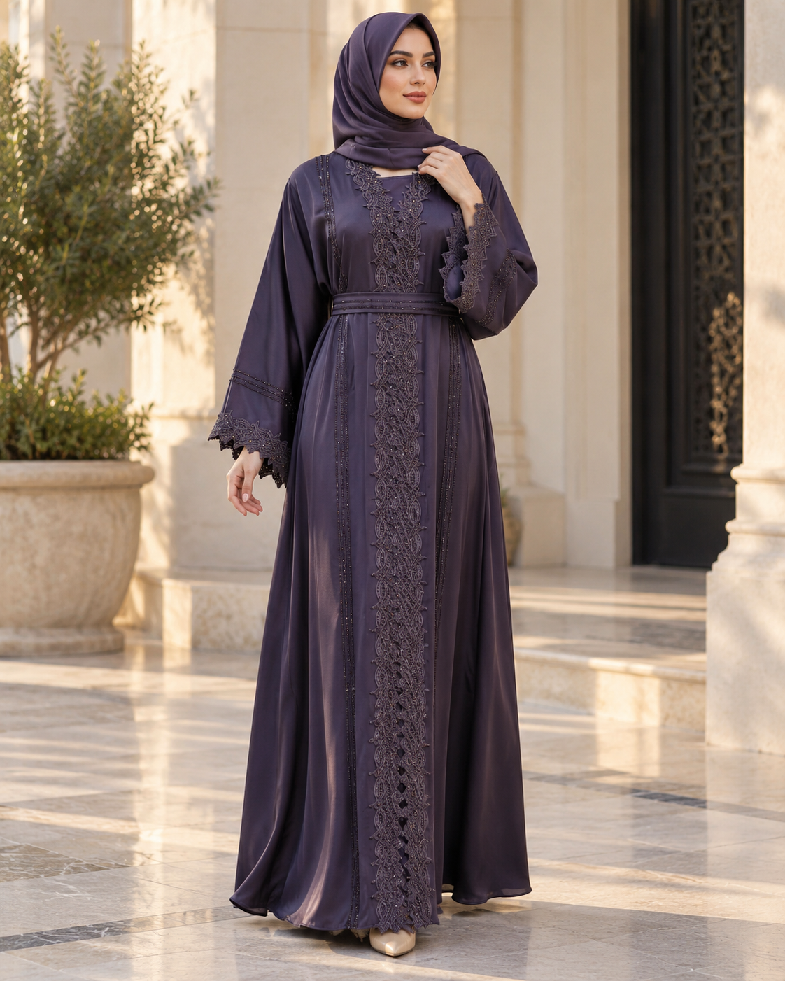Slate Purple Satin-Finish Abaya Set with Lace-Trimmed Front and Inner Dress — view 5 of 5