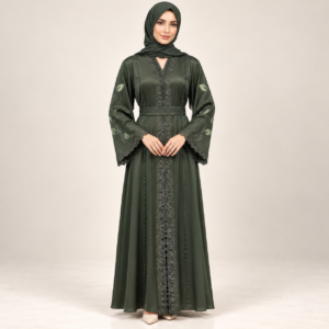 Olive Green Satin-Finish Abaya with Leaf Embroidery and Tie Belt