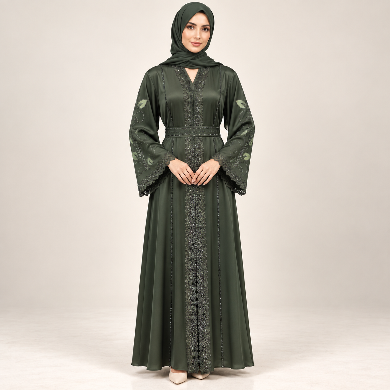 Olive Green Satin-Finish Abaya with Leaf Embroidery and Tie Belt