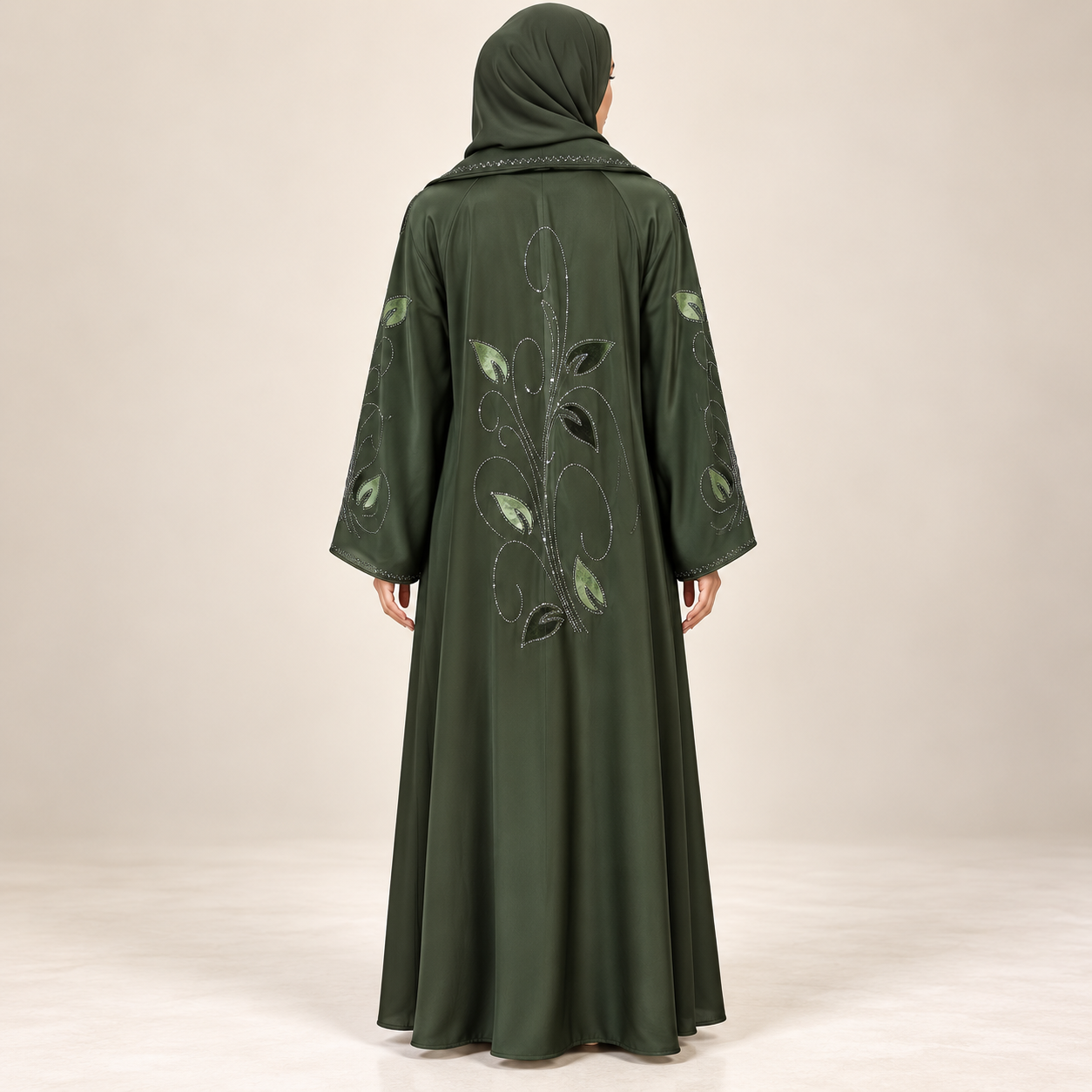 Olive Green Satin-Finish Abaya with Leaf Embroidery and Tie Belt — view 2 of 4