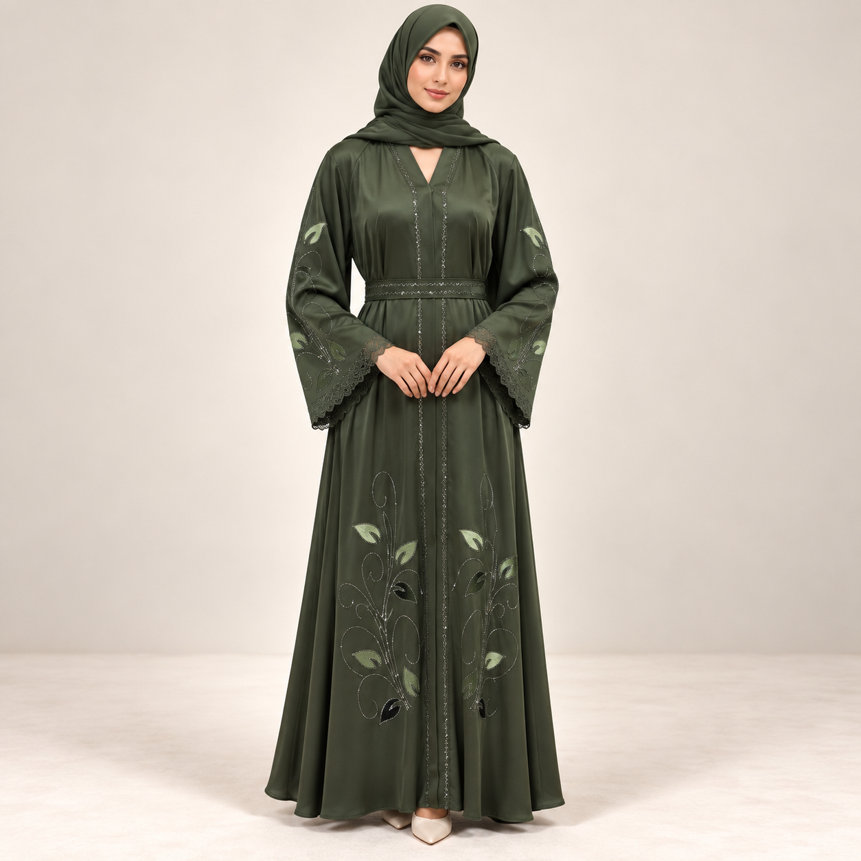 Olive Green Satin-Finish Abaya with Leaf Embroidery and Tie Belt — view 3 of 4