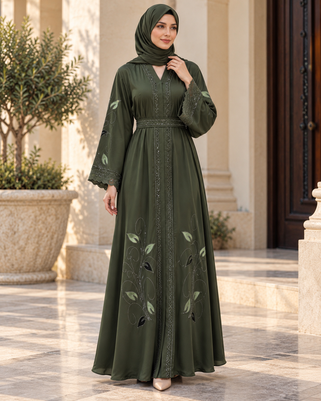 Olive Green Satin-Finish Abaya with Leaf Embroidery and Tie Belt — view 4 of 4