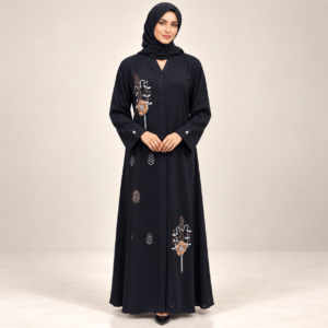 Black Abaya with Gold and Silver Floral Embroidery