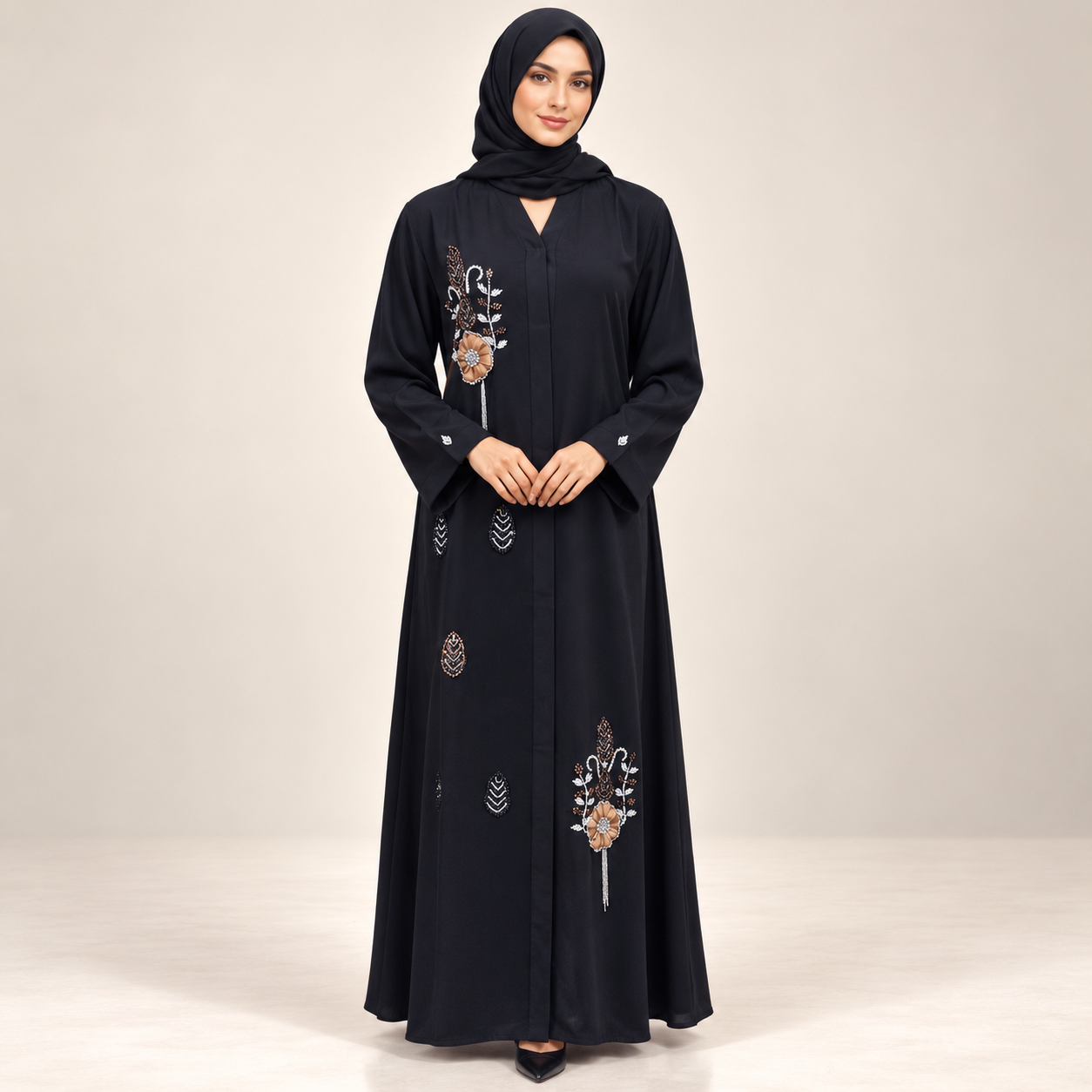 Black Abaya with Gold and Silver Floral Embroidery