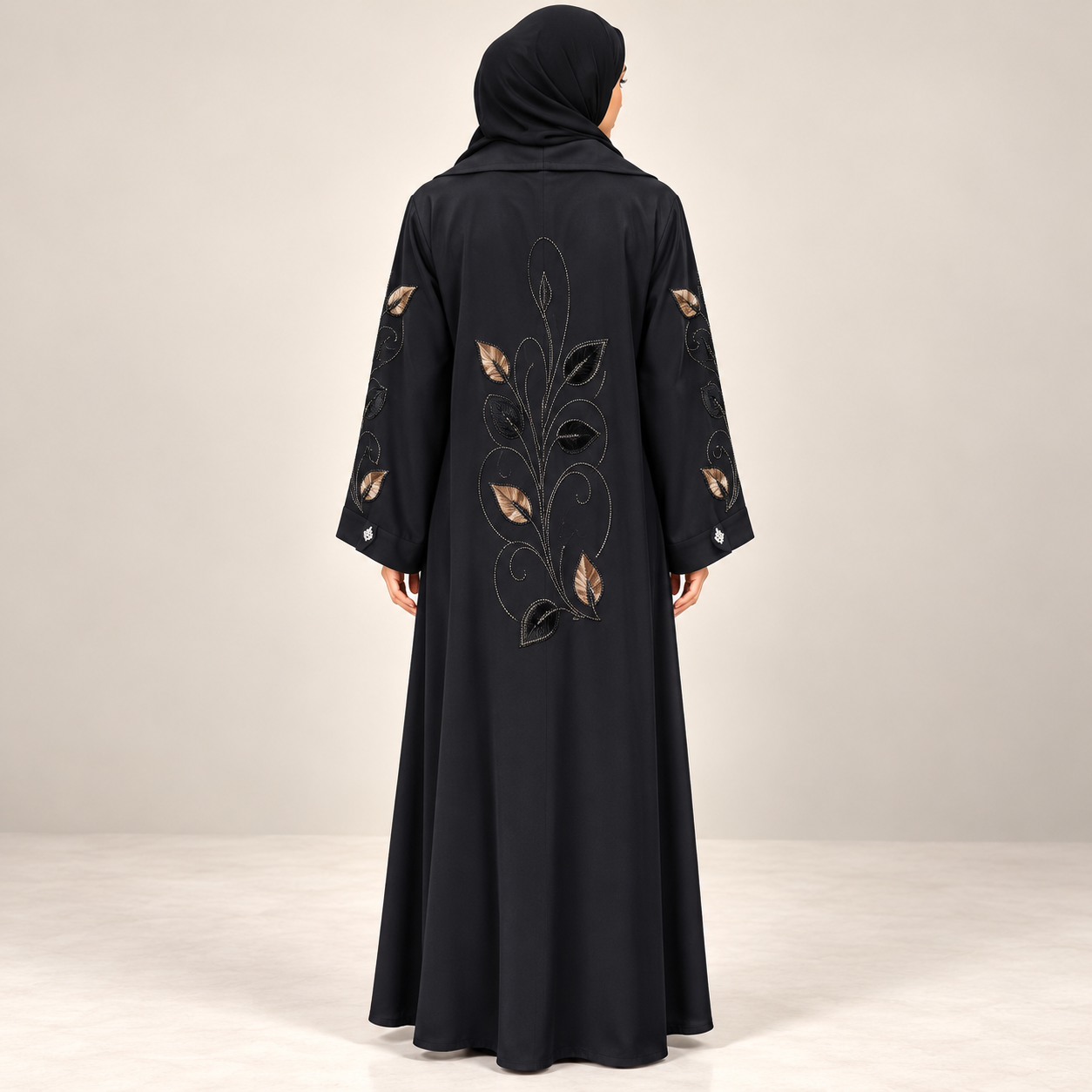 Black Abaya with Gold and Silver Floral Embroidery — view 2 of 5