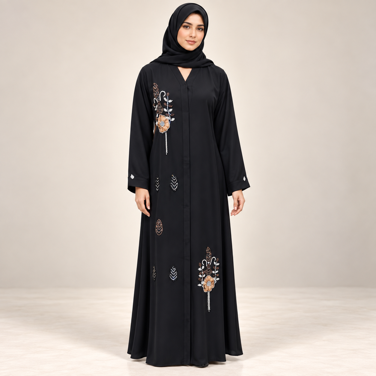 Black Abaya with Gold and Silver Floral Embroidery — view 3 of 5