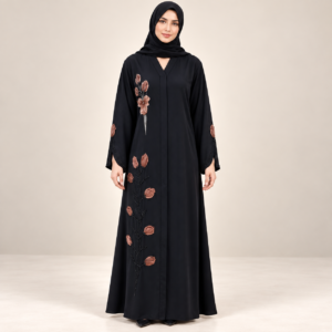 Black Abaya with Copper Leaf Appliqué and Beaded Stems