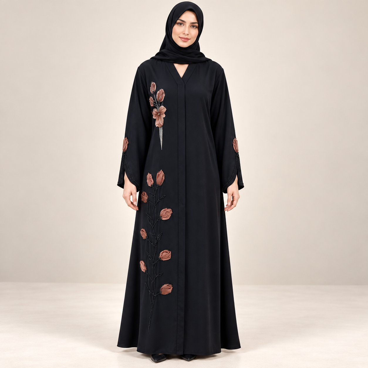 Black Abaya with Copper Leaf Appliqué and Beaded Stems