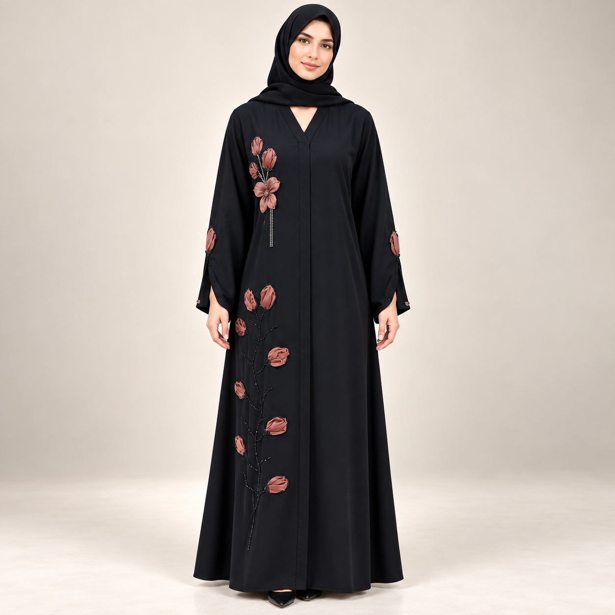 Black Abaya with Copper Leaf Appliqué and Beaded Stems — view 3 of 4