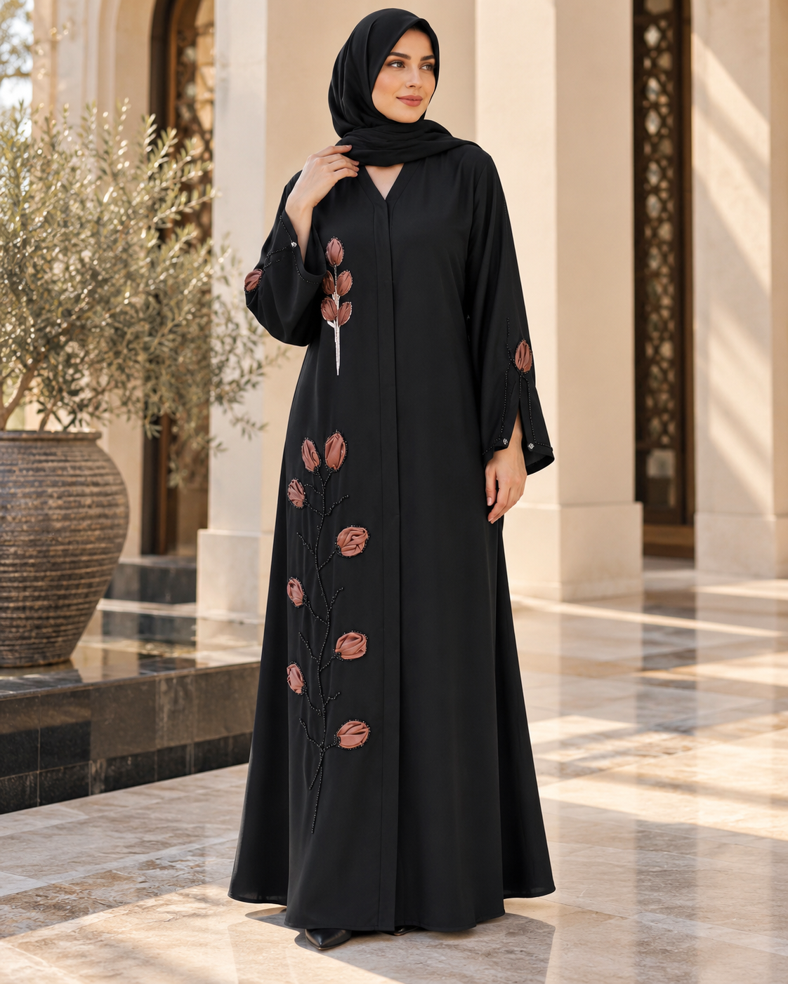Black Abaya with Copper Leaf Appliqué and Beaded Stems — view 4 of 4