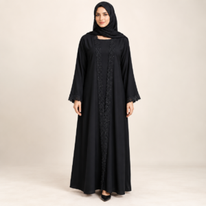 Black Abaya with Lace Centre Panel and Lace-Edged Cuffs