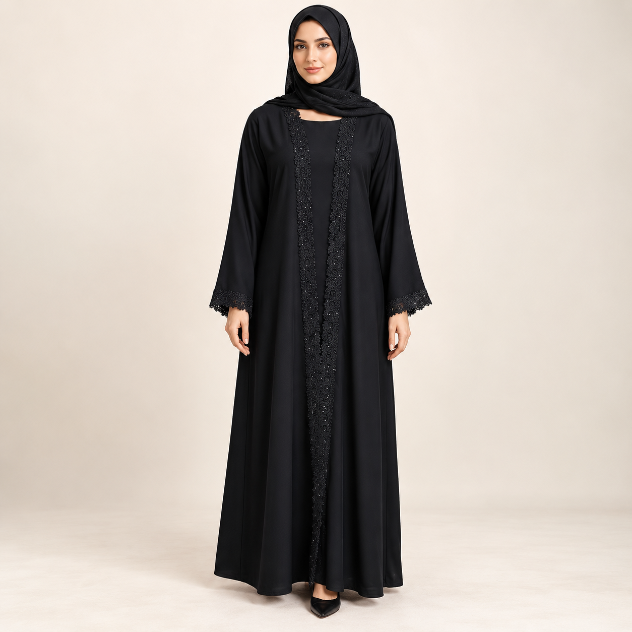 Black Abaya with Lace Centre Panel and Lace-Edged Cuffs