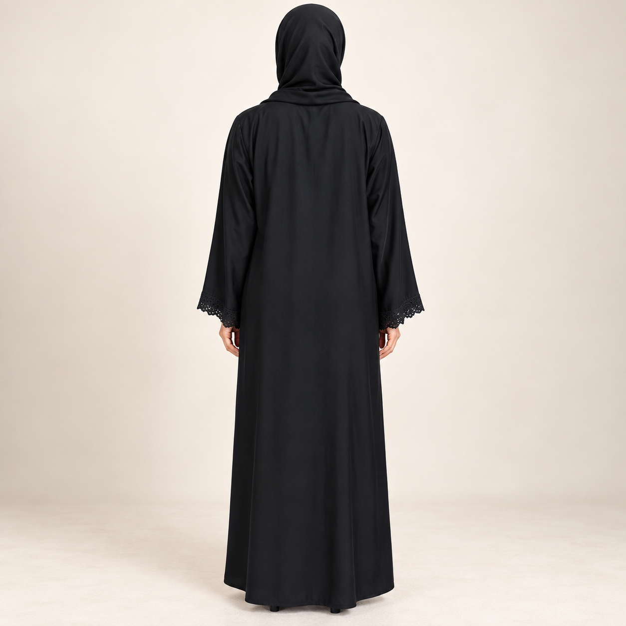 Black Abaya with Lace Centre Panel and Lace-Edged Cuffs — view 2 of 4