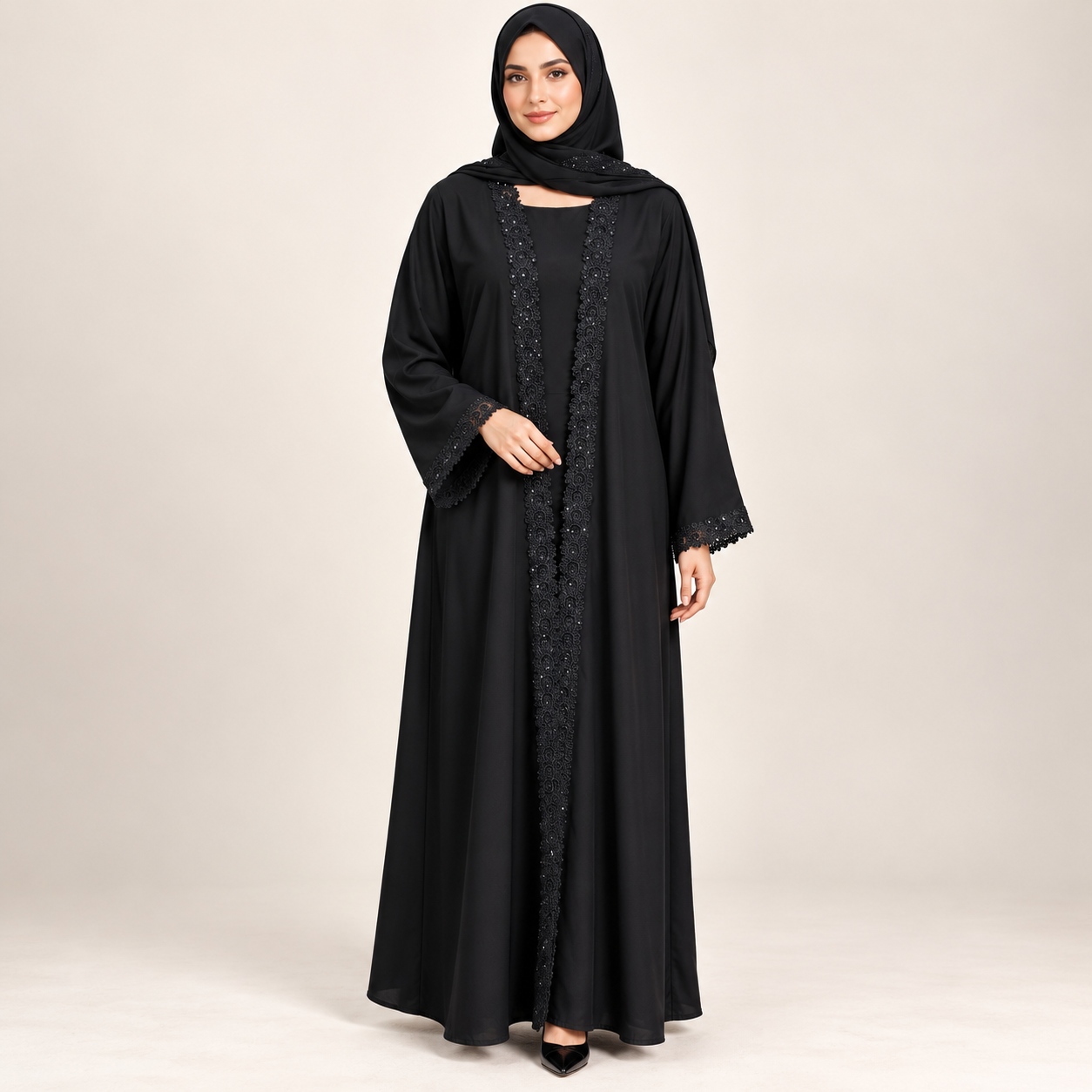 Black Abaya with Lace Centre Panel and Lace-Edged Cuffs — view 3 of 4