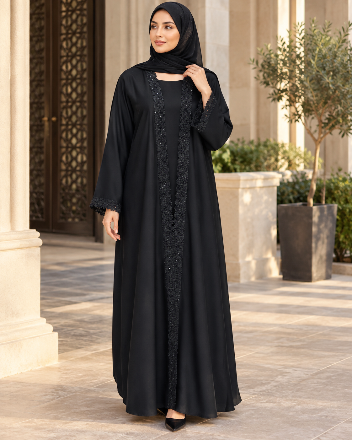 Black Abaya with Lace Centre Panel and Lace-Edged Cuffs — view 4 of 4