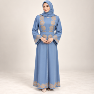 Cornflower Blue Abaya Set with Gold Floral Embroidery and Inner Dress