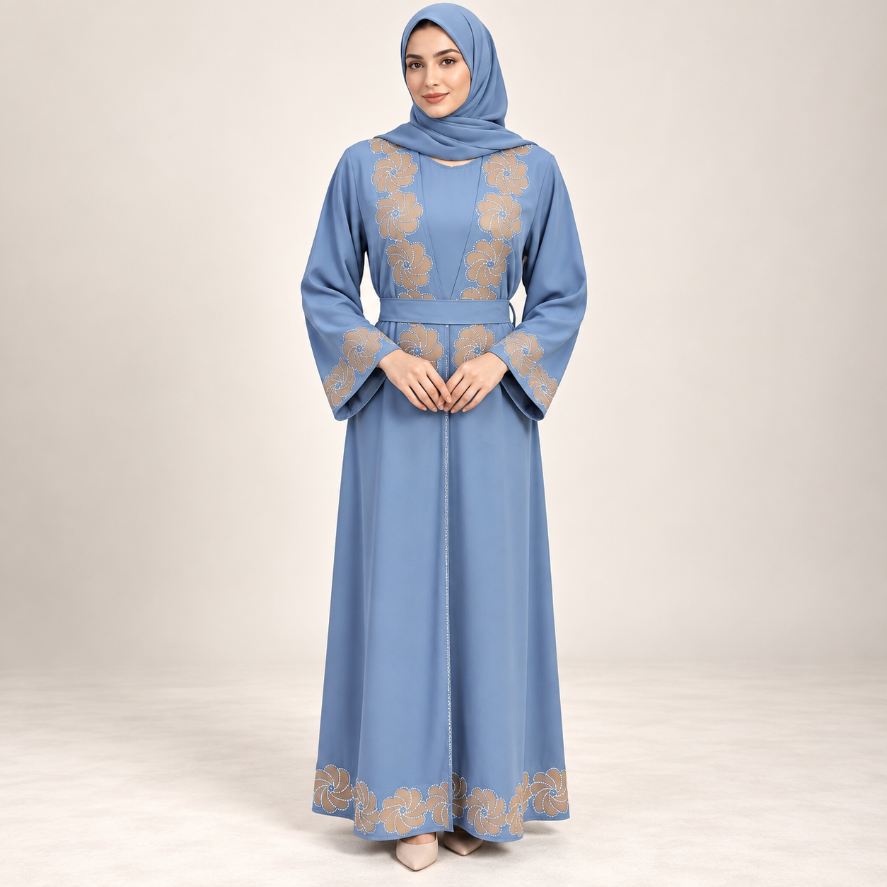 Cornflower Blue Abaya Set with Gold Floral Embroidery and Inner Dress