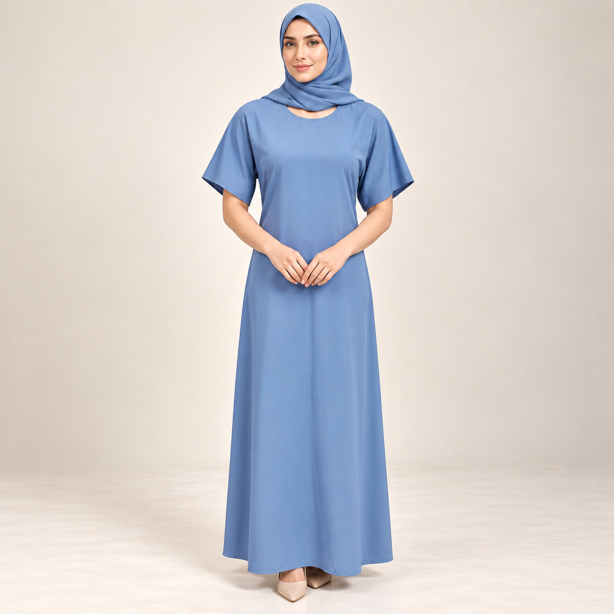 Cornflower Blue Abaya Set with Gold Floral Embroidery and Inner Dress — view 2 of 5