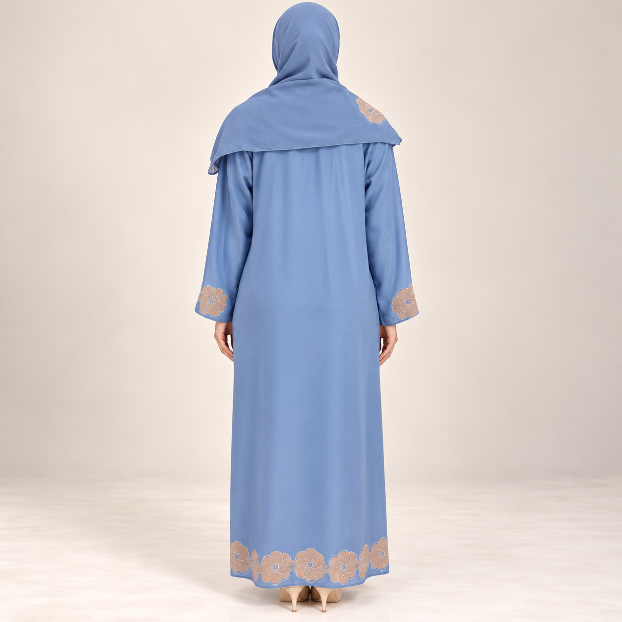 Cornflower Blue Abaya Set with Gold Floral Embroidery and Inner Dress — view 3 of 5