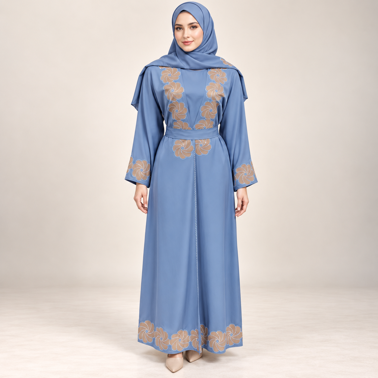 Cornflower Blue Abaya Set with Gold Floral Embroidery and Inner Dress — view 4 of 5