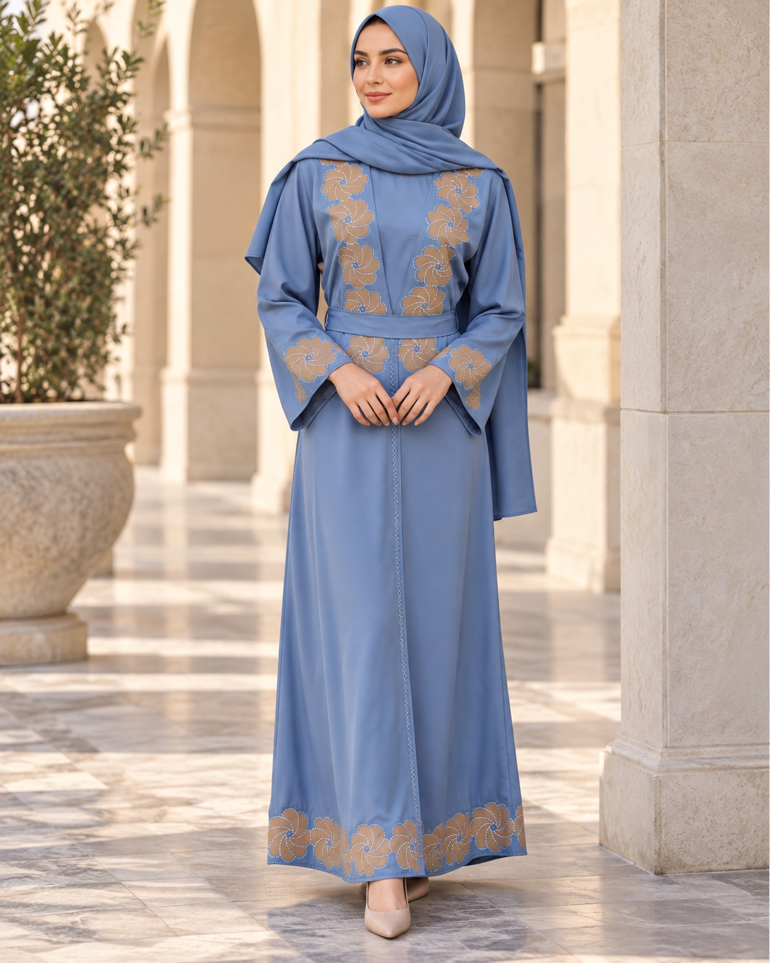 Cornflower Blue Abaya Set with Gold Floral Embroidery and Inner Dress — view 5 of 5