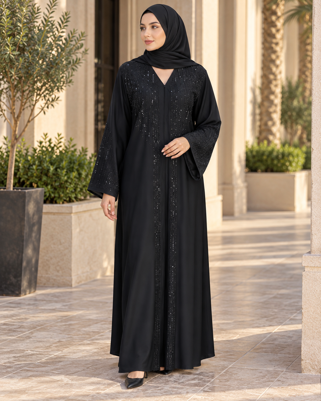 Black Abaya with Scattered Crystal Detailing — view 4 of 4