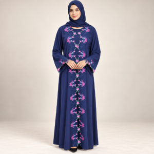 Royal Blue Abaya Set with Pink Floral Embroidery and Inner Dress