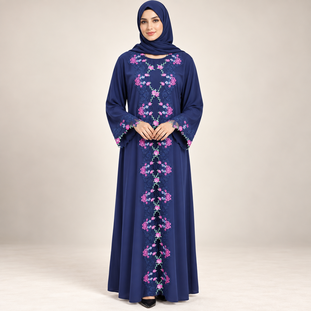 Royal Blue Abaya Set with Pink Floral Embroidery and Inner Dress