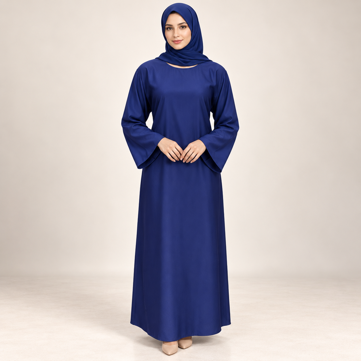 Royal Blue Abaya Set with Pink Floral Embroidery and Inner Dress — view 2 of 5