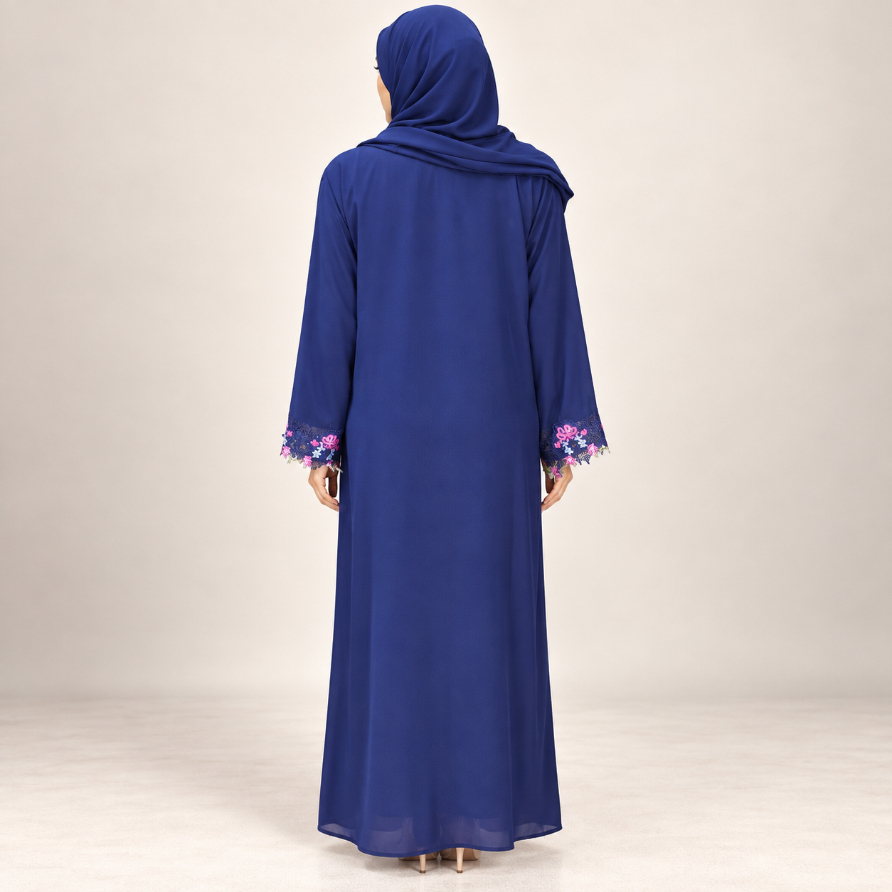 Royal Blue Abaya Set with Pink Floral Embroidery and Inner Dress — view 3 of 5