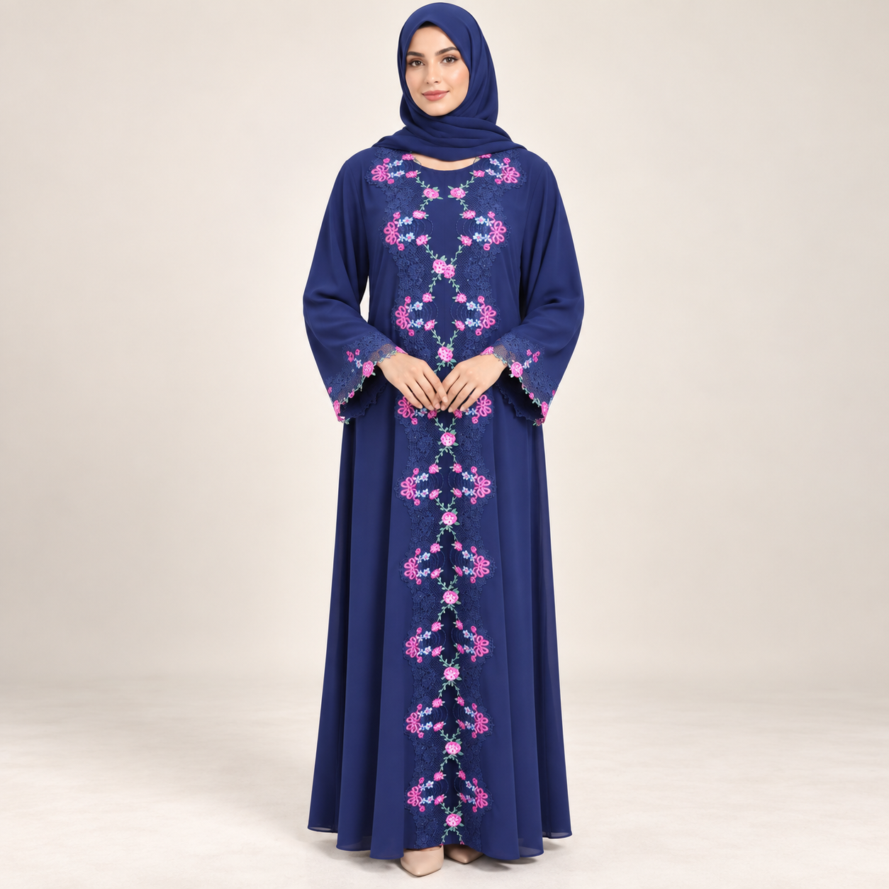 Royal Blue Abaya Set with Pink Floral Embroidery and Inner Dress — view 4 of 5