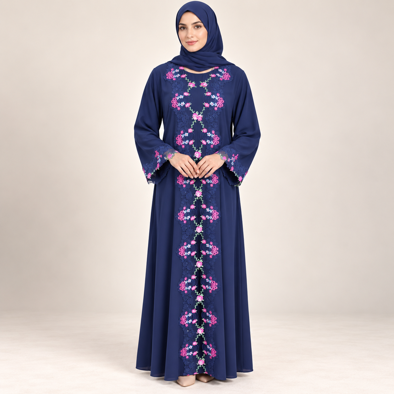 Royal Blue Abaya Set with Pink Floral Embroidery and Inner Dress — view 5 of 5