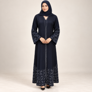 Midnight Navy Abaya with Silver Geometric Embroidered Hem and Sleeves