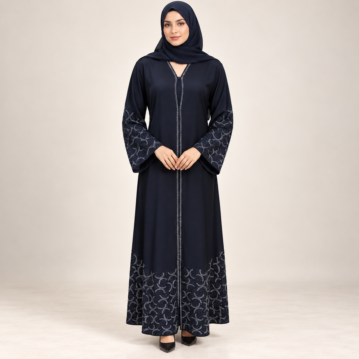 Midnight Navy Abaya with Silver Geometric Embroidered Hem and Sleeves