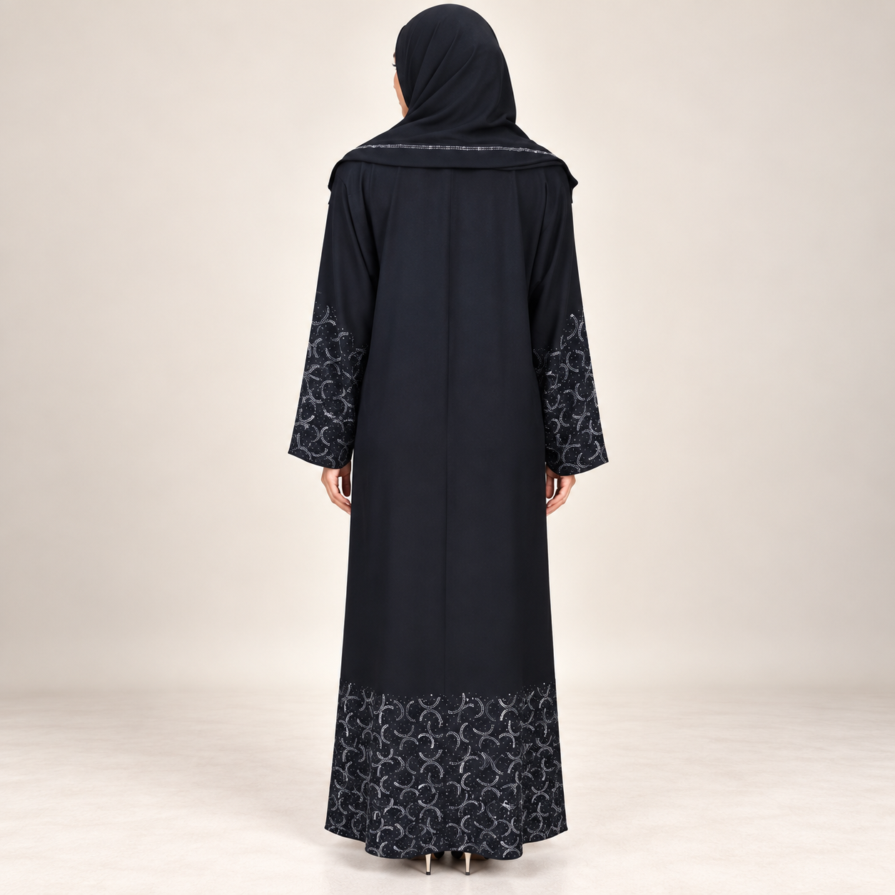 Midnight Navy Abaya with Silver Geometric Embroidered Hem and Sleeves — view 2 of 4