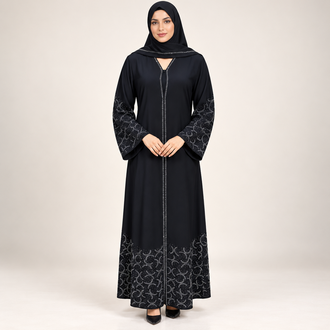 Midnight Navy Abaya with Silver Geometric Embroidered Hem and Sleeves — view 3 of 4