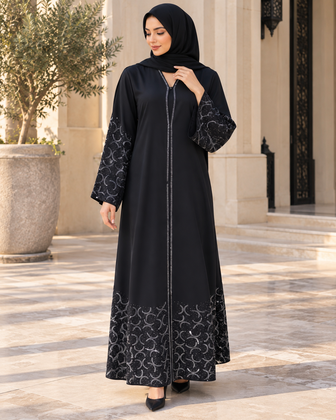 Midnight Navy Abaya with Silver Geometric Embroidered Hem and Sleeves — view 4 of 4