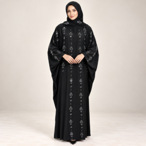 Black Butterfly Abaya with Silver Motif Embroidery