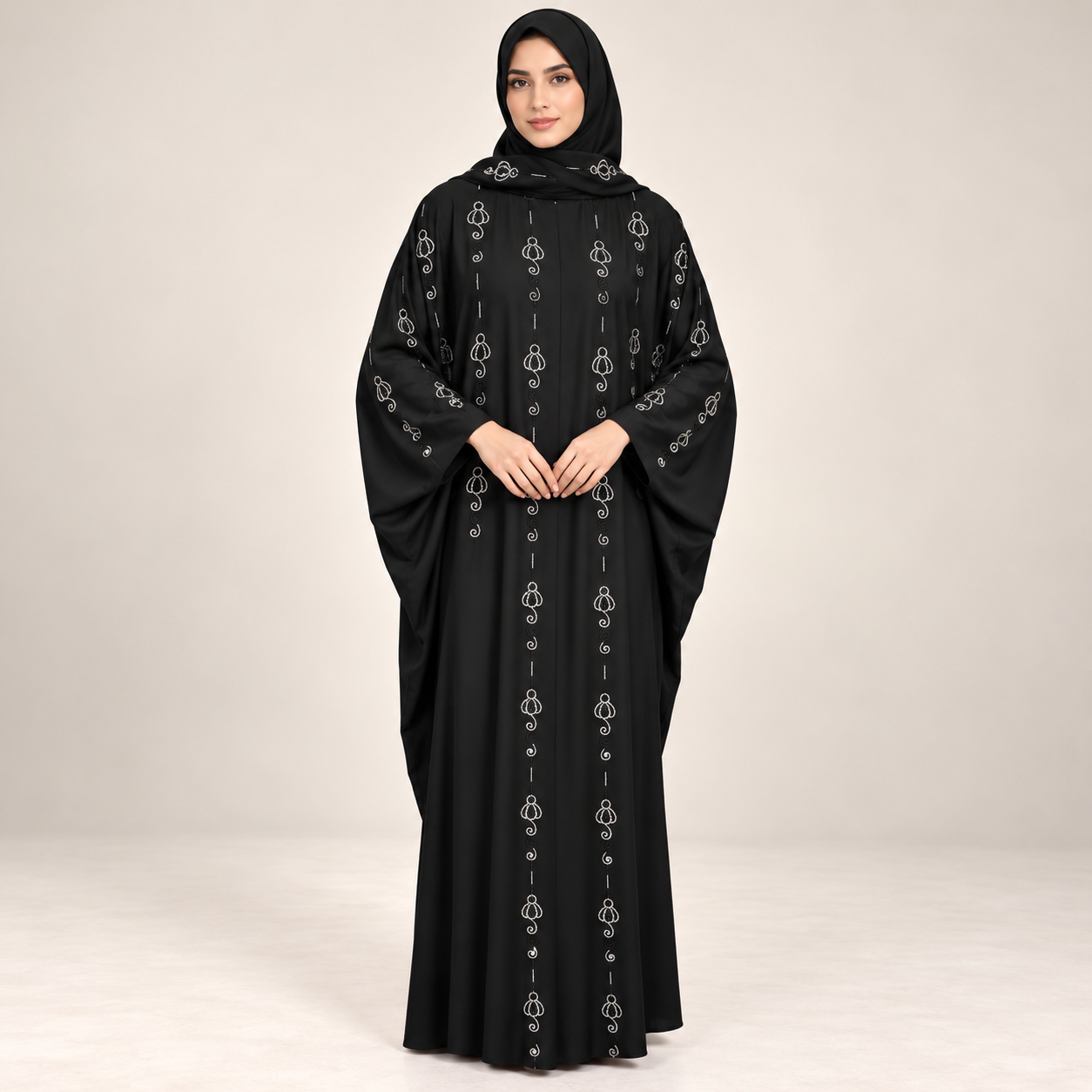 Black Butterfly Abaya with Silver Motif Embroidery — view 3 of 4