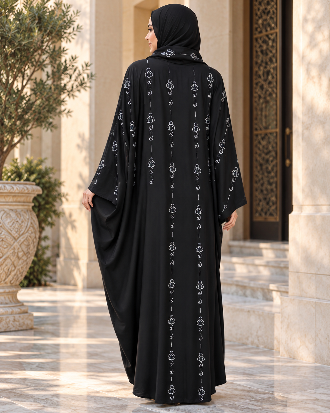 Black Butterfly Abaya with Silver Motif Embroidery — view 4 of 4