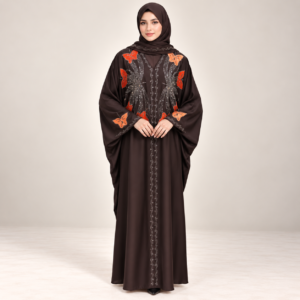 Black-Brown Butterfly Abaya with Orange Butterfly Appliqués and Beadwork