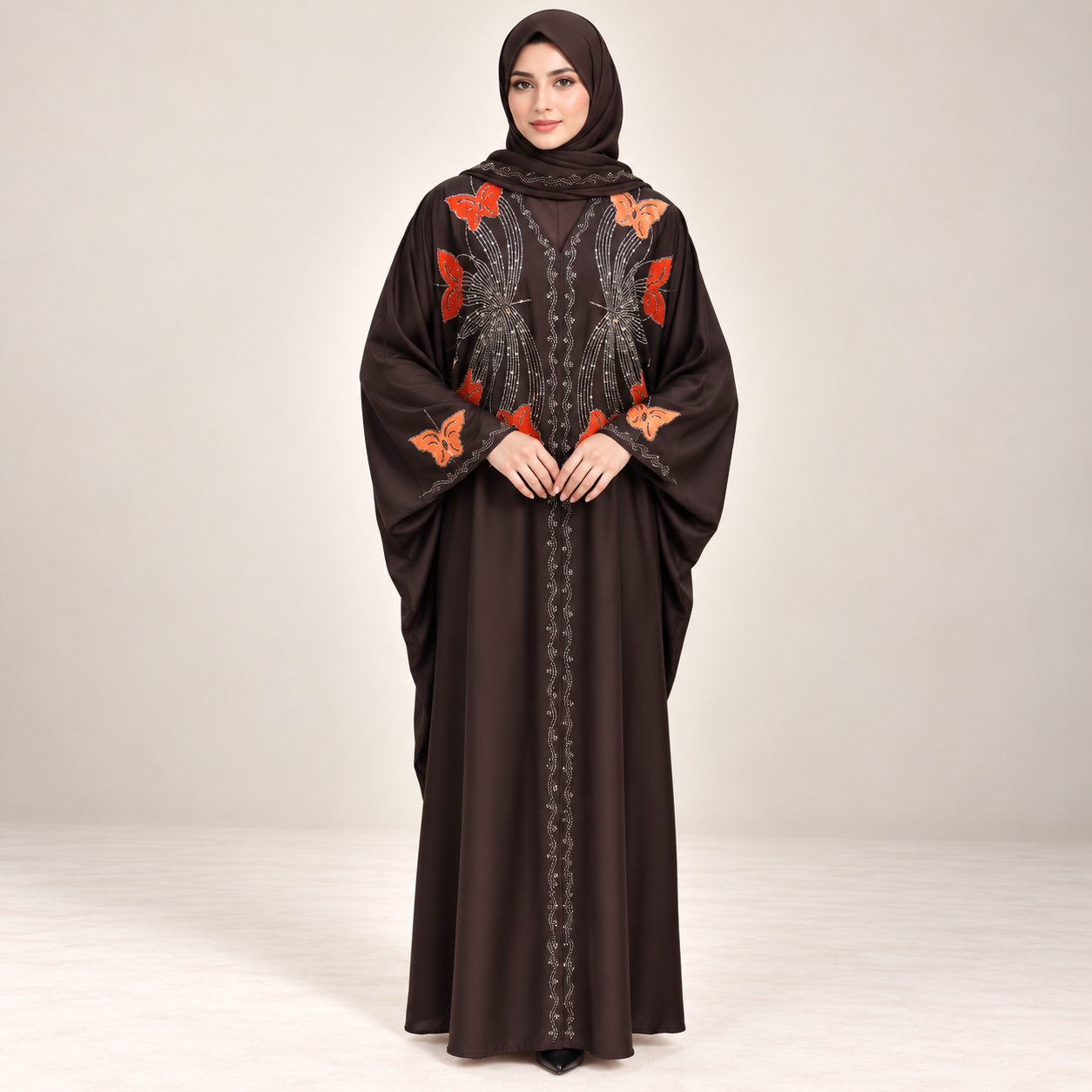 Black-Brown Butterfly Abaya with Orange Butterfly Appliqués and Beadwork