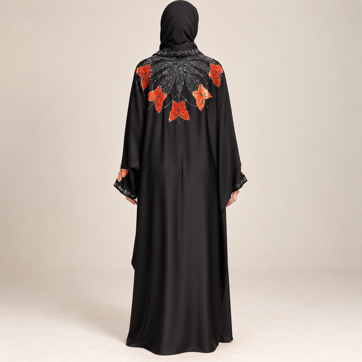 Black-Brown Butterfly Abaya with Orange Butterfly Appliqués and Beadwork — view 2 of 3