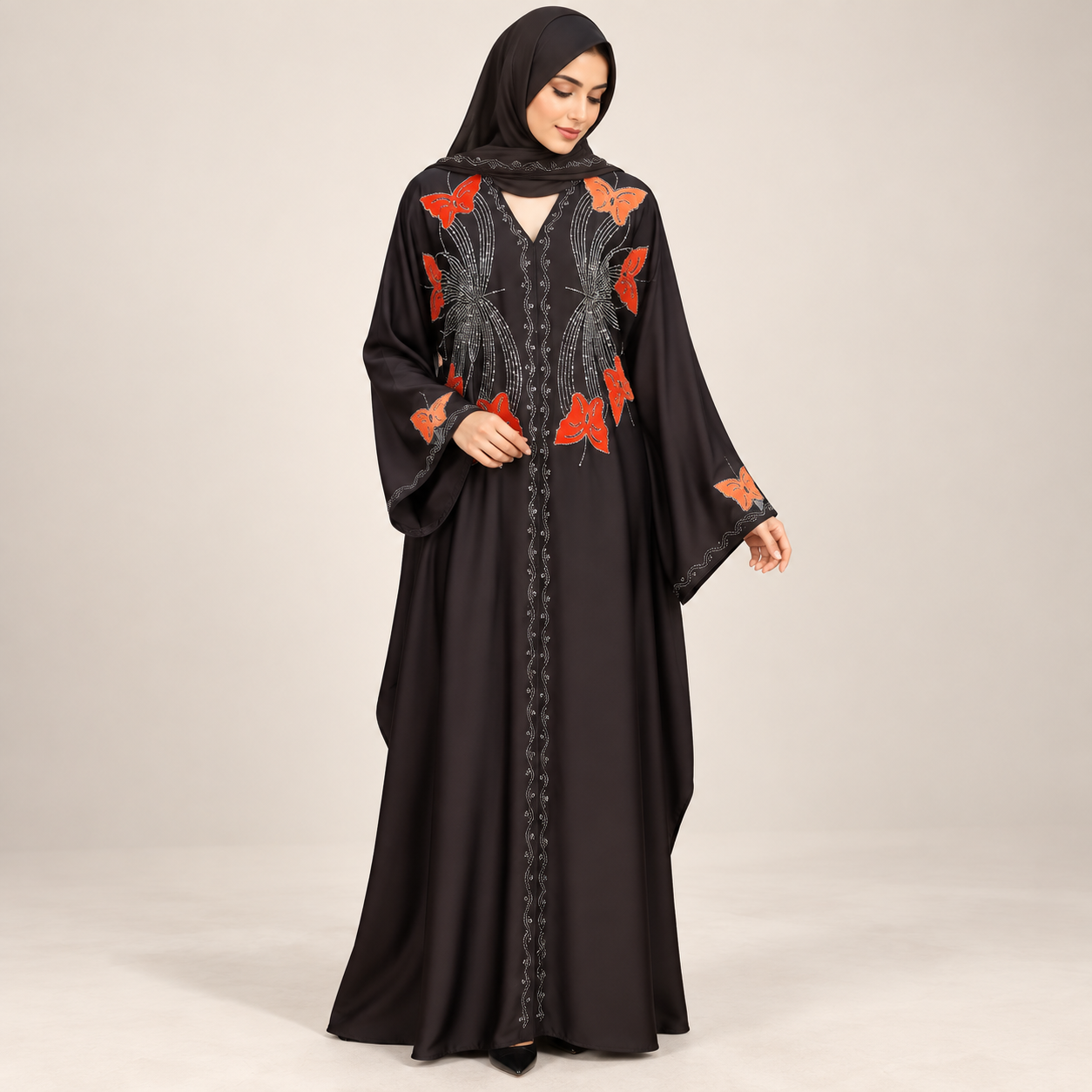 Black-Brown Butterfly Abaya with Orange Butterfly Appliqués and Beadwork — view 3 of 3