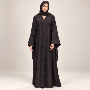 Black Butterfly Abaya with Zip Front and Sparkle Lattice Panels