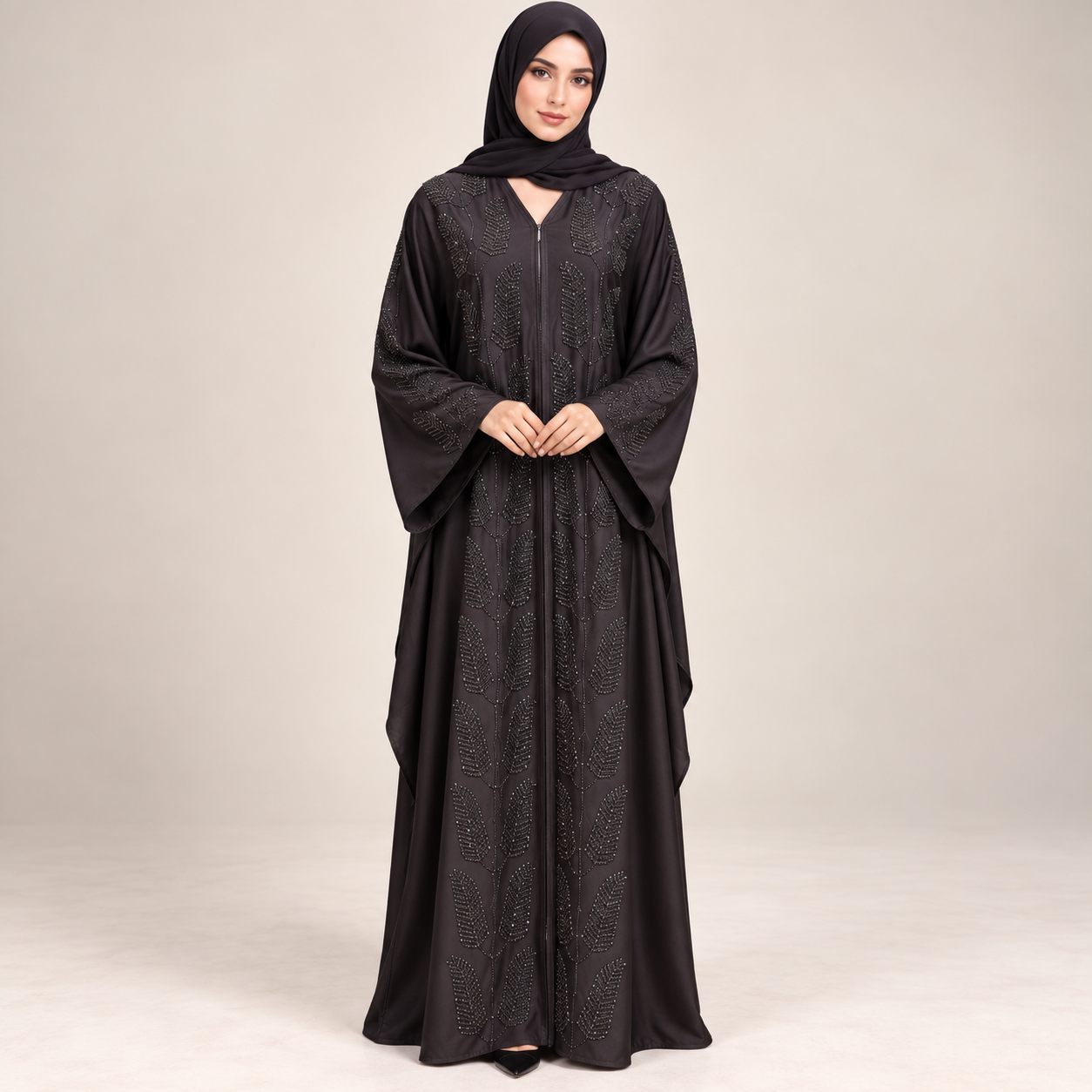 Black Butterfly Abaya with Zip Front and Sparkle Lattice Panels — view 3 of 3